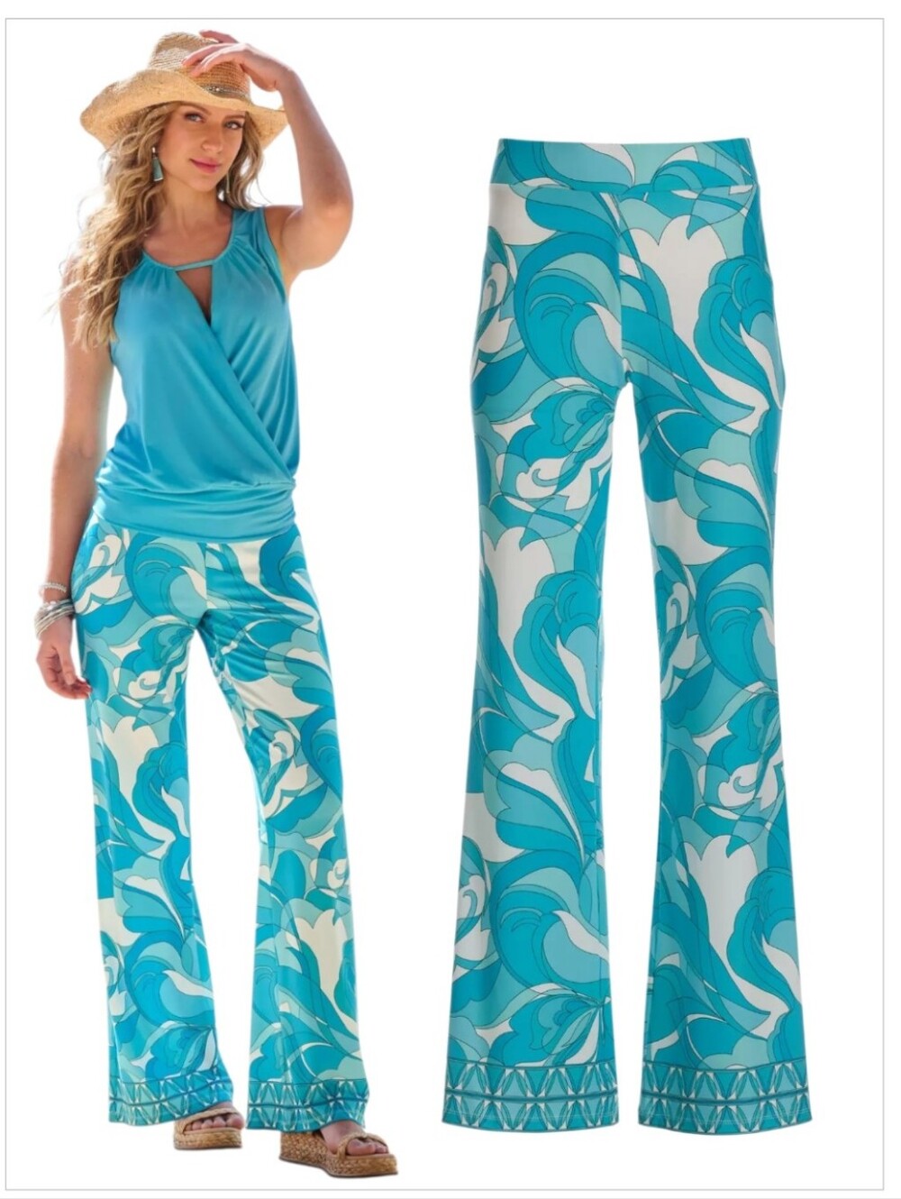 Boston Proper Teal Waters Print Palazzo Pants Blue Abstract Flare Wide Leg Sz M